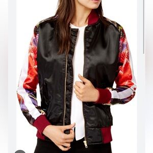 Women’s CHRLDR Black and Floral Satin Bomber Jacket. Small